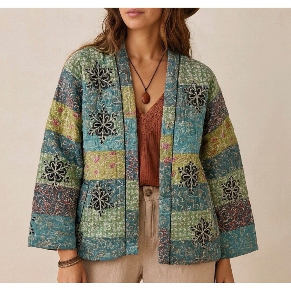 NWT Quilted Patchwork Jacket Embroidered Belted Boho Chic CozyLarge